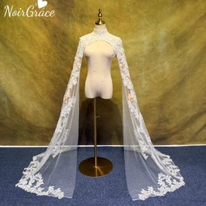 Vintage High Neck Bridal Sleeve Cape, Lace Wedding Overlay, Long Train Illusion Wrap Custom