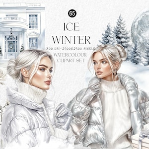 Winter Watercolor Clipart Set: Silver Fashion Girls, Snow Scene (Digital Download)