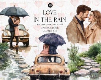 May include: A watercolour clipart set named "Love in the Rain" showing romantic scenes of couples. The image includes couples under umbrellas, a vintage car, and the text "LOVE IN THE RAIN" and "WATERCOLOUR CLIPART SET."