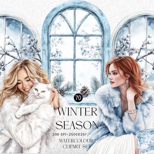 Puede incluir: Conjunto de imágenes prediseñadas de acuarela con temática invernal. La imagen presenta a dos mujeres, una sosteniendo un gato blanco y la otra con un abrigo de piel azul claro. El fondo incluye escenas de ventanas invernales y el texto "Winter Season".