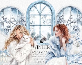 Winter Season Watercolor Clipart Set – Cozy Girls, Cat, Frosted Windows & Snow PNG – Digital Download