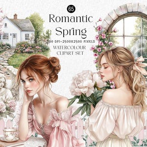 以下が含まれることがあります： 「Romantic Spring」と題された水彩画クリップアートセット。2人の女性、白い家のある庭のシーン、天使の像、花の要素が特徴です。画像には、300 DPIと2500x2500ピクセルを示すテキストが含まれています。