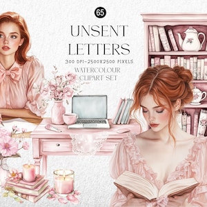 May include: Watercolor clipart set titled "Unsent Letters" featuring illustrations of a woman, desk, books, flowers, and candles in soft pink tones. Includes a bookshelf, laptop, and teacups. The image is 2500x2500 pixels.