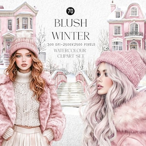 Puede incluir: Conjunto de imágenes prediseñadas de acuarela titulado "Blush Winter" con dos mujeres con ropa de invierno rosa, una casa rosa y un puente. La imagen incluye el texto "300 DPI-2500x2500 PIXELS WATERCOLOUR CLIPART SET".