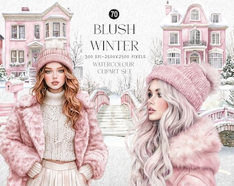 Blush Winter Watercolor Clipart Set – Pink Winter Houses, Cozy Girls & Snow PNG – Digital Download