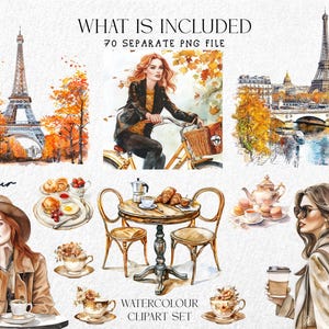 May include: Watercolor clipart set featuring Parisian scenes. Includes illustrations of the Eiffel Tower, a woman on a bicycle, cafe settings, and portraits. The color palette includes warm autumn tones of orange, brown, and beige.