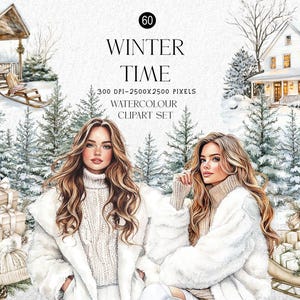 Winter Time Watercolor Clipart Set – Snowy Cabin, Cozy Girls, Snowman & Gifts PNG – Digital Download