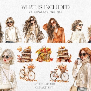 May include: Watercolor clipart set featuring illustrations of stylish women in fall attire, sunglasses, and accessories. Includes images of books, bicycles with floral baskets, and autumn leaves. Text reads "WHAT IS INCLUDED" and "WATERCOLOUR CLIPART SET".