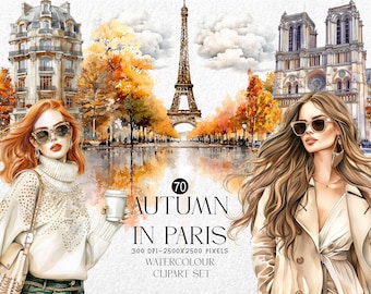 Autumn in Paris Watercolor Clipart – Eiffel Tower, Notre Dame & Fashion Girl PNG – Digital Download