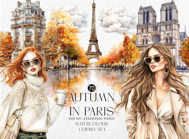 May include: Watercolor clipart set titled "Autumn in Paris" featuring illustrations of Parisian landmarks, women, and fall foliage. The Eiffel Tower, Notre Dame Cathedral, and a woman with red hair are visible.