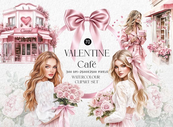 Valentine Cafe Watercolor Clipart, Pink Romantic PNG Set