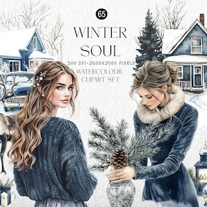Winter Soul Watercolor Clipart Set – Cozy Girls, Snowy Houses, Deer & Snowman PNG – Digital Download