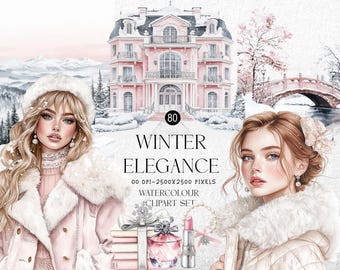 May include: Watercolor clipart set titled "Winter Elegance" featuring two women in winter attire, a pink mansion, and winter landscape elements. Includes a perfume bottle, lipstick, and a stack of books. The image is 2500x2500 pixels.