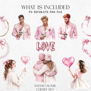 May include: Watercolor clipart set featuring illustrations of people, bows, and heart-shaped designs in shades of pink. Includes the word "LOVE" in pink balloon letters. The text "WHAT IS INCLUDED" and "WATERCOLOUR CLIPART SET" are also visible.
