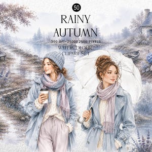 PNG de otoño lluvioso, imágenes prediseñadas de mujer acogedora, acuarela estilo cottagecore, descarga digital de otoño azul