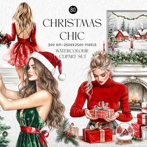 Op de afbeelding: Watercolor clipart set getiteld "Christmas Chic" met illustraties van vrouwen, kerstversieringen en een winterse scène. De afbeelding toont een vrouw die een kerstboom versiert, een andere met een kerstmuts en een derde die een ingepakt cadeau vasthoudt.