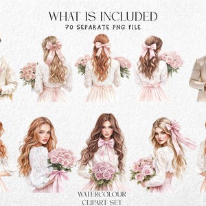 May include: Watercolor clipart set featuring illustrations of people in formal attire, holding gifts and bouquets of pink roses. The text "WHAT IS INCLUDED" and "WATERCOLOUR CLIPART SET" are visible.