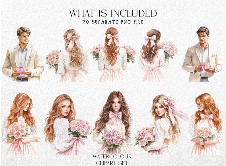 May include: Watercolor clipart set featuring illustrations of people in formal attire, holding gifts and bouquets of pink roses. The text "WHAT IS INCLUDED" and "WATERCOLOUR CLIPART SET" are visible.