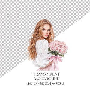 May include: Watercolor illustration of a woman with long, wavy blonde hair, wearing a white dress and holding a bouquet of pink roses tied with a pink ribbon. The image has a transparent background and text that reads "TRANSPARENT BACKGROUND 300 DPI-2500X2500 PIXELS."