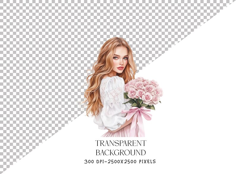 May include: Watercolor illustration of a woman with long, wavy blonde hair, wearing a white dress and holding a bouquet of pink roses tied with a pink ribbon. The image has a transparent background and text that reads "TRANSPARENT BACKGROUND 300 DPI-2500X2500 PIXELS."
