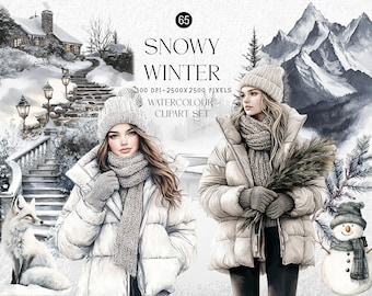 Snowy Winter Watercolor Clipart Set – Cozy Girls, Snowy Cabin, Fox & Snowman PNG – Digital Download