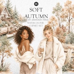 Op de afbeelding: Een digitale illustratieset getiteld 65 SOFT AUTUMN 300 DPI-2500X2500 PIXELS WATERCOLOUR CLIPART SET met twee personen in herfstkleding tegen een achtergrond van een hut, meer en bomen in gedempte bruine, beige en oranje tinten.