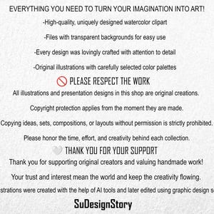 May include: White background with black text promoting watercolor clipart. The text includes phrases like "Everything You Need To Turn Your Imagination Into Art!" and "Please Respect The Work." The SuDesignStory logo is at the bottom.