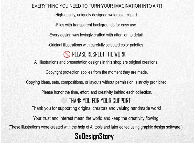 May include: White background with black text promoting watercolor clipart. The text includes phrases like "Everything You Need To Turn Your Imagination Into Art!" and "Please Respect The Work." The SuDesignStory logo is at the bottom.