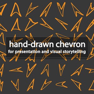 May include: A dark gray background with a repeating pattern of orange, hand-drawn chevron shapes. A rectangular box in the center contains the text "hand-drawn chevron for presentation and visual storytelling."