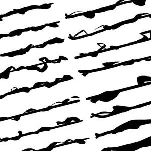 Op de afbeelding: Abstracte zwarte vormen op een witte achtergrond. De vormen zijn lang, met gebogen en hoekige elementen, die lijken op penseelstreken of linten. Het ontwerp is eenvoudig en grafisch.