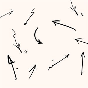 May include: A collection of hand-drawn black arrows of various shapes and directions on a cream-colored background. The arrows include straight, curved, and zigzag designs, pointing up, down, and sideways.