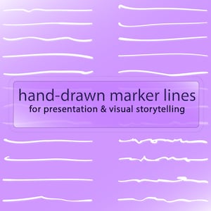 May include: White hand-drawn marker lines in various styles on a purple background. The image includes straight, wavy, and curved lines, with text that reads "hand-drawn marker lines for presentation & visual storytelling."