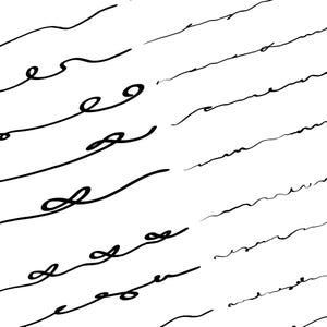 Op de afbeelding: Zwarte inktlijn tekeningen op een witte achtergrond. De lijnen variëren in vorm, inclusief lussen en golvende patronen. De afbeelding is een verzameling abstracte designelementen.