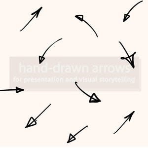 Könnte beinhalten: Eine Ansammlung von handgezeichneten schwarzen Pfeilen in verschiedenen Richtungen auf cremefarbenem Hintergrund. Der Text "hand-drawn arrows for presentation and visual storytelling" ist ebenfalls enthalten.