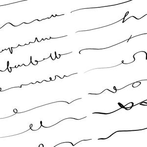 Op de afbeelding: Een abstract zwart-wit ontwerp met handgeschreven lijnen en woorden. De afbeelding toont een reeks elegante, vloeiende lijnen en cursieve tekstfragmenten, die een visueel aantrekkelijk patroon vormen.