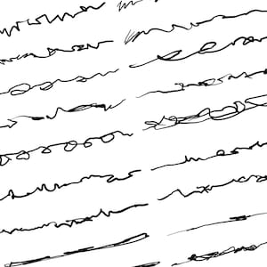 Op de afbeelding: Abstract patroon van zwarte inktlijnen op een witte achtergrond. De lijnen variëren in dikte en vorm, waardoor een dynamisch en gestructureerd patroon ontstaat. Het ontwerp bevat een verscheidenheid aan gekrabbelde en vloeiende lijnen, die beweging en energie suggereren.