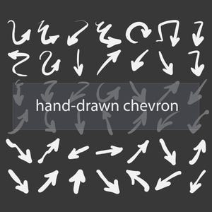 May include: A collection of white, hand-drawn chevron arrows in various directions on a dark gray background. The text "hand-drawn chevron" is displayed in a transparent rectangle. The arrows are of different shapes and sizes.