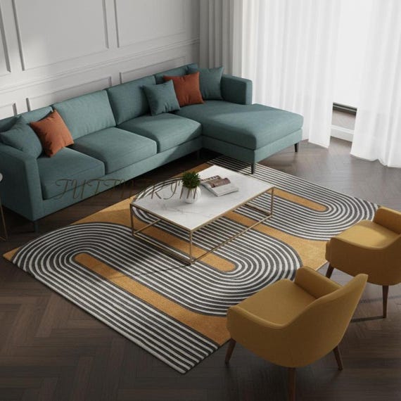 Mustard Gray Color Block Rug Abstract Shapes Contemporary Statement Floor Decor