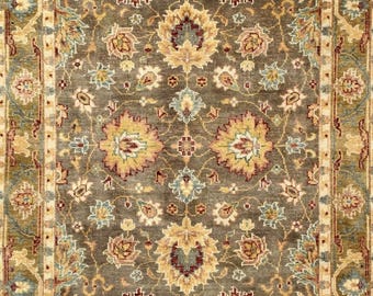 Tappeto in lana Oushak annodato a mano 12x15, medaglione grigio oro, tappeto orientale boho per la casa