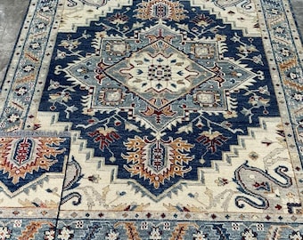 Tappeto vintage in lana annodato a mano - Tappeto in stile Oushak floreale blu crema 8x10 per soggiorno