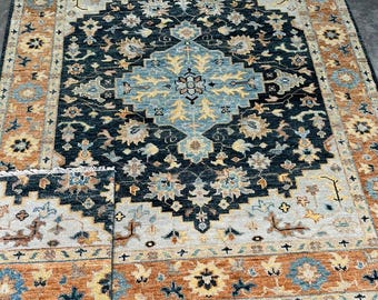 Tappeto in lana Oushak annodato a mano: medaglione blu navy ruggine, tappeto di lusso boho (8x10)