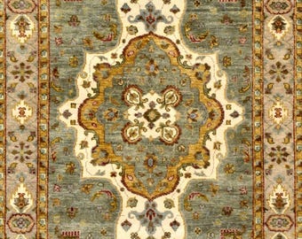 Tappeto in lana verde salvia fatto a mano, tappeto persiano in stile vintage, tappeto Medalian