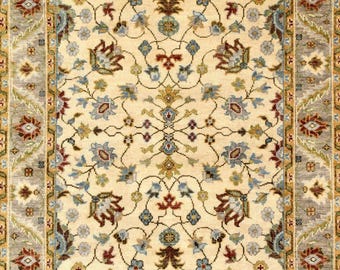 Tappeto Oushak in lana annodato a mano 8X10 - Tappeto orientale floreale color crema e grigio