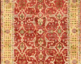 Tappeto Oushak in lana annodato a mano: tappeto orientale floreale rosso e oro