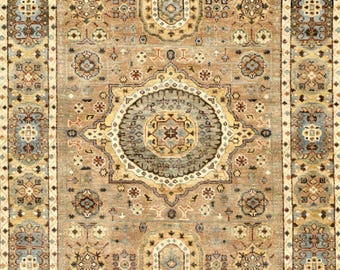 Tappeto in lana mamelucca annodato a mano 8x10, tappeto orientale beige per cameretta, camera da letto e soggiorno