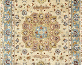 Tappeto annodato a mano beige e blu ispirato a Oushak 6x9 – Tappeto turco in lana per soggiorno