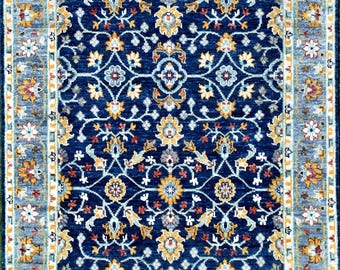 Tappeto in lana blu fatto a mano, tappeto orientale persiano floreale annodato a mano per soggiorno