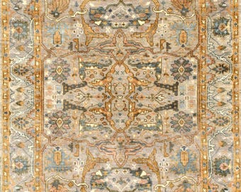 Tappeto Oushak annodato a mano 6x9 – Tappeto turco vintage in lana beige e blu