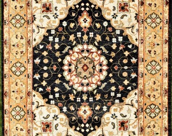 Tappeto in lana annodato a mano / Medaglione beige nero, stile persiano per soggiorno, cameretta dei bambini