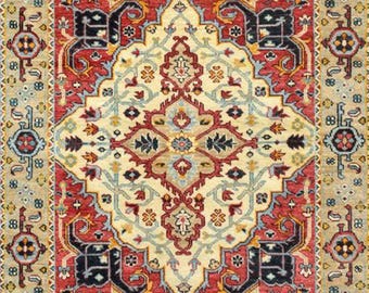 Tappeto in lana Kazak annodato a mano – Tappeto orientale senza tempo, medaglione geometrico rosso avorio, tappeto artigianale di tradizione